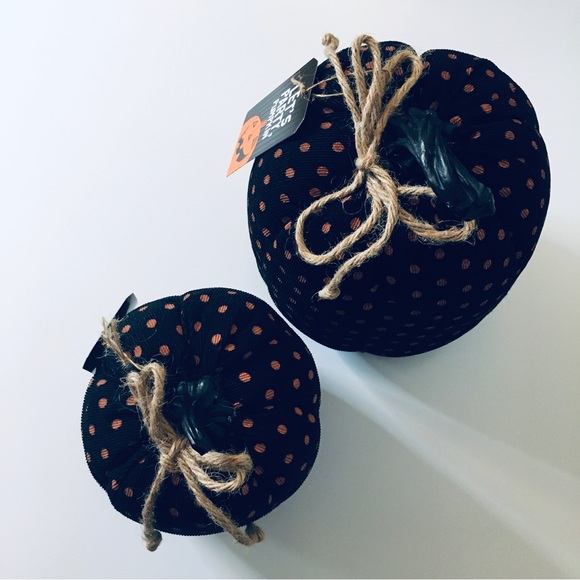 Set of 2 NEW Decorative Black & Orange Polka Dot Halloween Fall Fabric Pumpkins - Picture 4 of 14